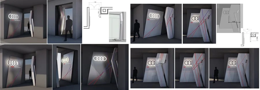 Оформление входной группы (вход из ТЦ)  шоурума AUDI. Эскизы, чертежи, разработка принта
